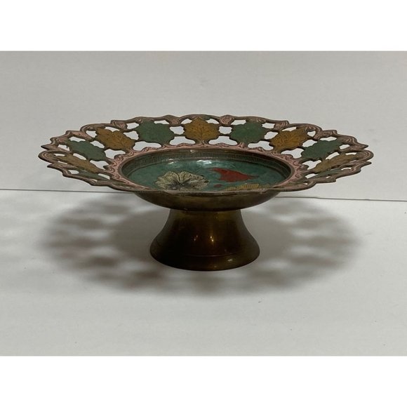 Hampton Brass Cloisonné Pedestal Bowl Boho Floral Pink Enamel Green - Picture 2 of 3